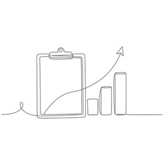 Poster - Vector art of Clipboard with rising bar graph and arrow, continuous line drawing isolated on white background depicting business growth, success, and financial reporting