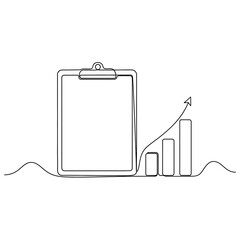 Poster - Vector art of Clipboard with rising bar chart and arrow, a symbol of business growth and success isolated on white background in a minimalist line art style illustration