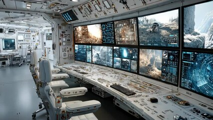 Poster - High-tech spacecraft command center with multiple screens, control panels, and ergonomic workstations in a futuristic environment