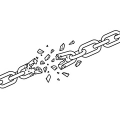 Poster - Vector art of Broken metal chain with shattered link isolated on white background symbolizing freedom, strength, and overcoming obstacles in a minimalist line art style