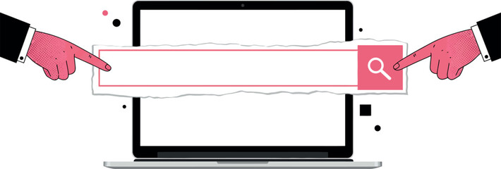 Poster - Minimalist laptop search engine concept with hands pointing at search bar