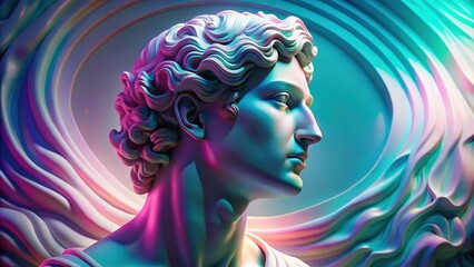 Leinwandbilder - A marble bust of a man with wavy hair, bathed in iridescent blue and pink light, framed by a swirling abstract pattern.