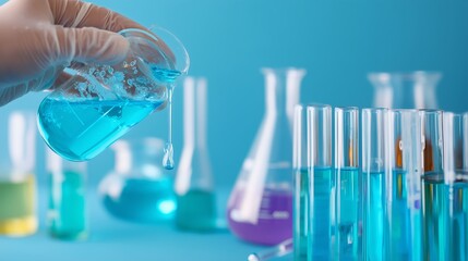 Poster - colorful liquids are carefully mixed in laboratory glassware during an experiment in a science facil