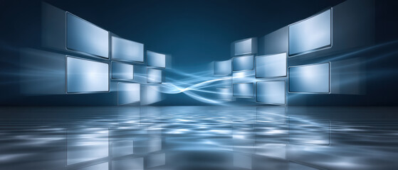 Poster - Quantum computer futuristic digital screens with blue light waves and reflections in dark technology space creating modern high tech atmosphere