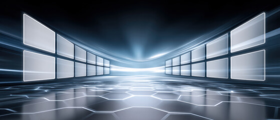 Poster - Futuristic quantum computer interface with glowing hexagonal floor and transparent digital screens in sleek high tech environment