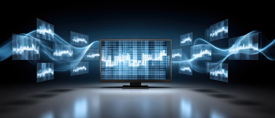 Poster - Quantum computer technology visualized with digital data screens and glowing waveforms around monitor showing futuristic financial graphs