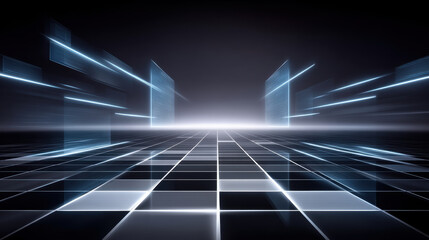 Poster - Futuristic quantum computer grid with glowing blue light panels and digital data flow in dark high tech environment