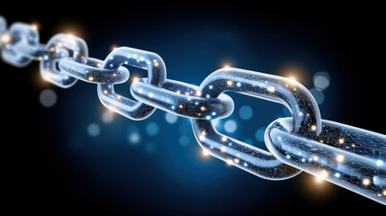 Poster - Glowing digital chain link symbolizes strength and connection of quantum computer network in futuristic technology concept