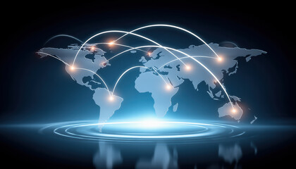 Poster - Glowing digital world map with bright connection points illustrates global quantum computer network linking continents in futuristic style