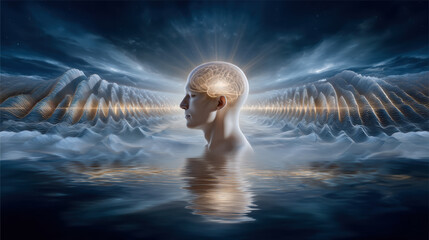 Poster - Glowing human brain with neural waves symbolizes quantum computer technology enhancing cognitive power in futuristic digital environment