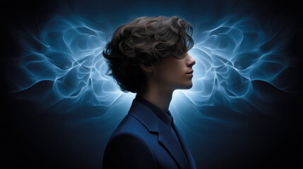 Poster - young person blue suit with curly hair stands profile surrounded by glowing blue quantum computer in