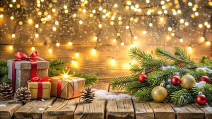 Poster - Festive Christmas Scene with Presents, Pine Branches, Ornaments, and String Lights on a Wooden Table