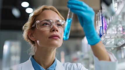 Poster - scientist examines test tube with blue liquid in laboratory while wearing protective gear and lookin