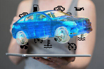 Aufkleber - Modern car maintenance:  Virtual 3D car model with diagnostic icons on a tablet.