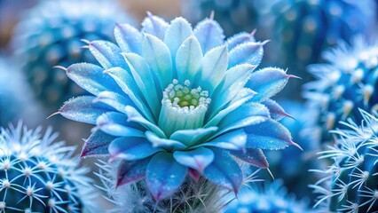 Aufkleber - A vibrant blue cactus flower in full bloom, its delicate petals glistening with dew, creating a mesmerizing contrast against the spiky spines of its brethren.