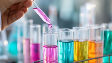 Poster - mixing colorful solutions in laboratory test tubes during a science experiment on a bright day