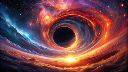 Aufkleber - A cosmic black hole absorbs light from a distant galaxy, its powerful gravitational pull warping the fabric of space and time, creating a mesmerizing swirl of celestial energy.