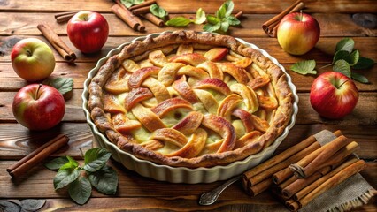 Poster - A freshly baked apple pie with a lattice crust, resting on a wooden table surrounded by cinnamon sticks and fresh apples.