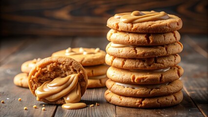 Poster - A stack of freshly baked cookies with a caramel filling, one is broken in half revealing the soft, creamy center,  all resting on a rustic wooden surface.