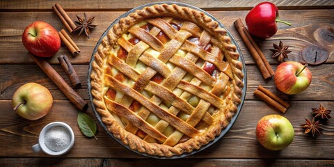 Poster - A golden-brown apple pie with a lattice crust, surrounded by apples, cinnamon sticks, and star anise, resting on a rustic wooden surface.