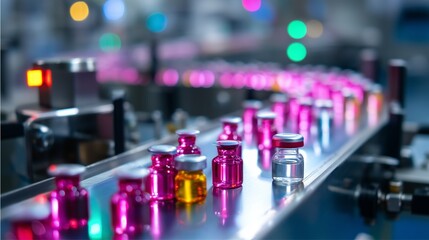 Poster - bottles being filled on an assembly line in a manufacturing facility during a busy production shift