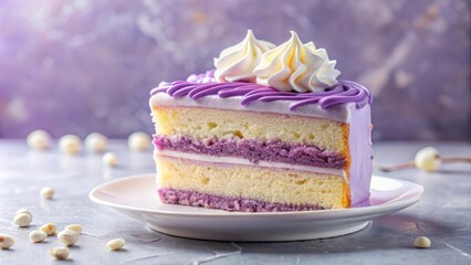 Poster - A slice of layered cake frosted with purple icing, topped with white buttercream swirls, rests on a white plate, surrounded by white decorative elements on a light grey surface.