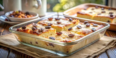 Poster - Golden baked custard squares topped with raisins in a glass baking dish, sitting on a linen napkin, on a wooden surface