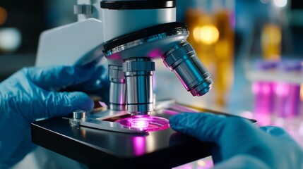 Poster - microscope analysis of biological samples with colorful reagents in laboratory setting
