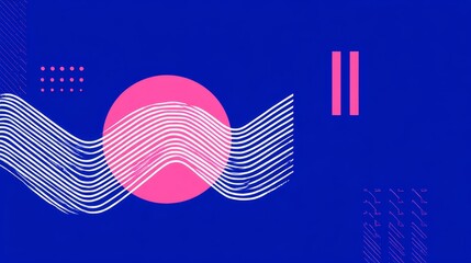 Poster - Abstract Blue Pink Wave Design - Modern abstract art featuring pink circle and white wave lines on a bold blue background. Ideal for website banners, presentations, or social media