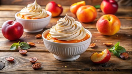 Poster - Creamy Dessert with Peach Puree and Whipped Cream, a Delightful Treat on a Rustic Wooden Table
