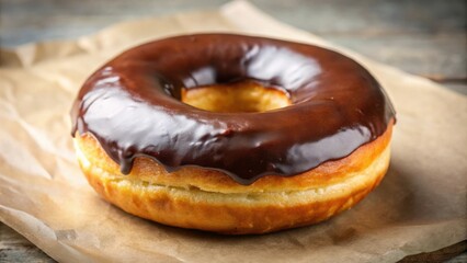 Poster - A single chocolate glazed donut sits on a piece of brown parchment paper, ready to satisfy your sweet tooth.