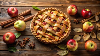Poster - A warm, golden apple pie surrounded by cinnamon sticks, star anise, and ripe red apples on a rustic wooden table.