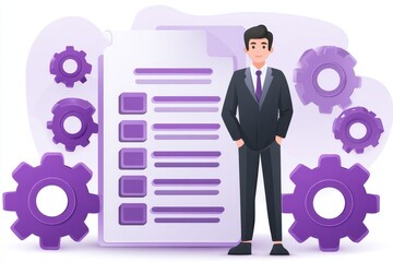 Poster - business process management and efficiency - a modern businessman stands beside a checklist, symboli