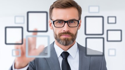 Poster - businessman interacting with interface - a businessman in a suit interacts with a transparent interf