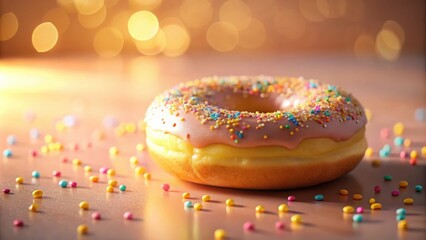 Poster - A frosted donut with colorful sprinkles sits on a table with scattered sprinkles in front of a soft, out of focus, golden background.