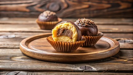 Poster - A close-up of a delicious chocolate-covered dessert with a creamy filling, resting on a wooden plate, highlighting the intricate details of its texture and the enticing appeal of its flavors.