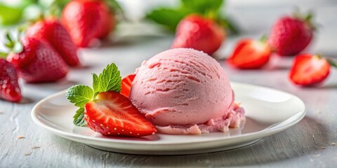 Poster - A Single Scoop of Strawberry Ice Cream Decorated with Fresh Strawberries and Mint Leaves on a White Plate