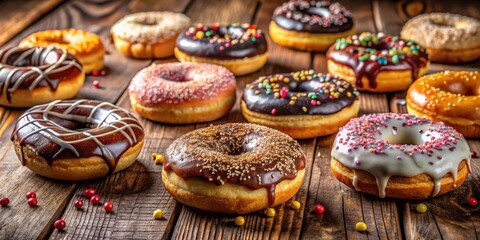 Poster - A variety of freshly baked donuts with different toppings and drizzles, arranged on a rustic wooden surface, sprinkled with colorful sprinkles