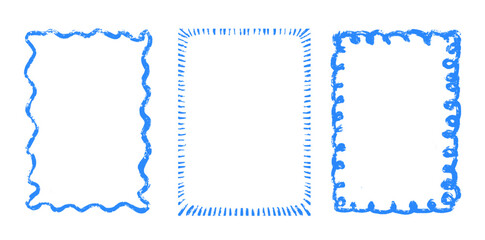 Poster - Hand drawing blue charcoal sketch borders isolated on transparent background. Vector vintage-style frame set for social media template, greeting card, wedding or birthday invite.