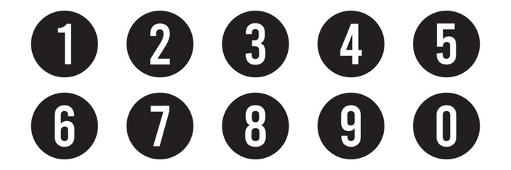 Poster - simple black color bullet points number set from one to nine simple flat style a number of numbers that are in a circle a number on a white background with black circle and 1 to 9 and 0 in red circle 