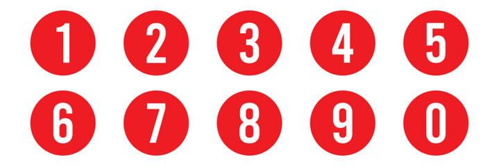 Poster - simple red color bullet points number set from one to nine simple flat style a number of numbers that are in a circle a number on a white background with red circle and 1 to 9 and 0 in red circle. 