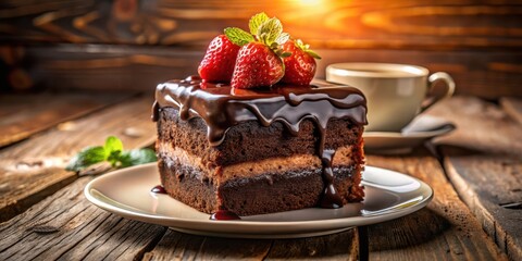 Poster - A chocolate cake with chocolate frosting, a layer of cream filling, and strawberries on top, on a white plate on a rustic wooden surface