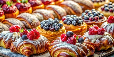 Poster - A selection of freshly baked pastries topped with various berries and dusted with powdered sugar