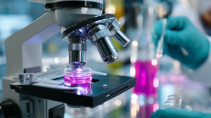 Poster - microscope in laboratory examines petri dish with colorful liquid during scientific research process
