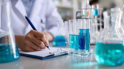 Poster - laboratory technician conducting experiments with blue liquid in glassware, focused on recording obs