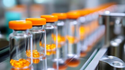 Poster - production line of orange capsule vials being filled in a pharmaceutical facility