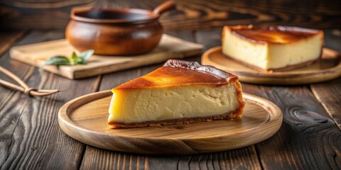 Poster - A slice of creamy cheesecake with a caramelized top, resting on a wooden platter, set against a rustic wooden backdrop.