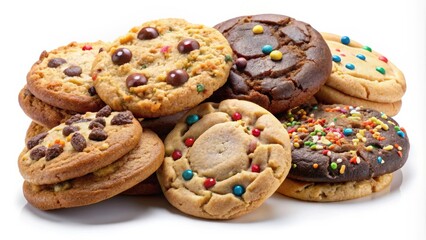 Poster - A delightful assortment of freshly baked cookies, featuring chocolate chips, colorful sprinkles, and candy pieces, arranged on a pristine white background.