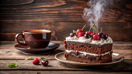Poster - A slice of chocolate cake with whipped cream and fresh cherries, served on a brown plate with a cup of coffee on a rustic wooden background.