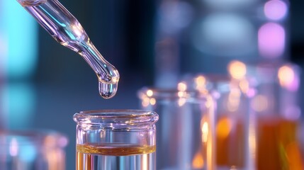Poster - dropping liquid from a pipette into a glass test tube during a laboratory experiment with colorful l